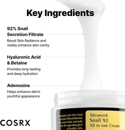 Advanced Snail 92 All in One Cream Korean Snail Mucin Face Cream & Gel Moisturiser for Dry Sensitive and anti Aging Skin, Daily Soothing and Moisturising Cream, Korean Skincare 100G